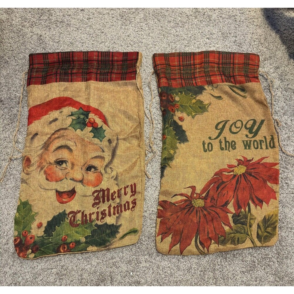 Vintage Christmas Burlap Gift Sacks Large Jute Santa Poinsettia Drawstring Bag 2